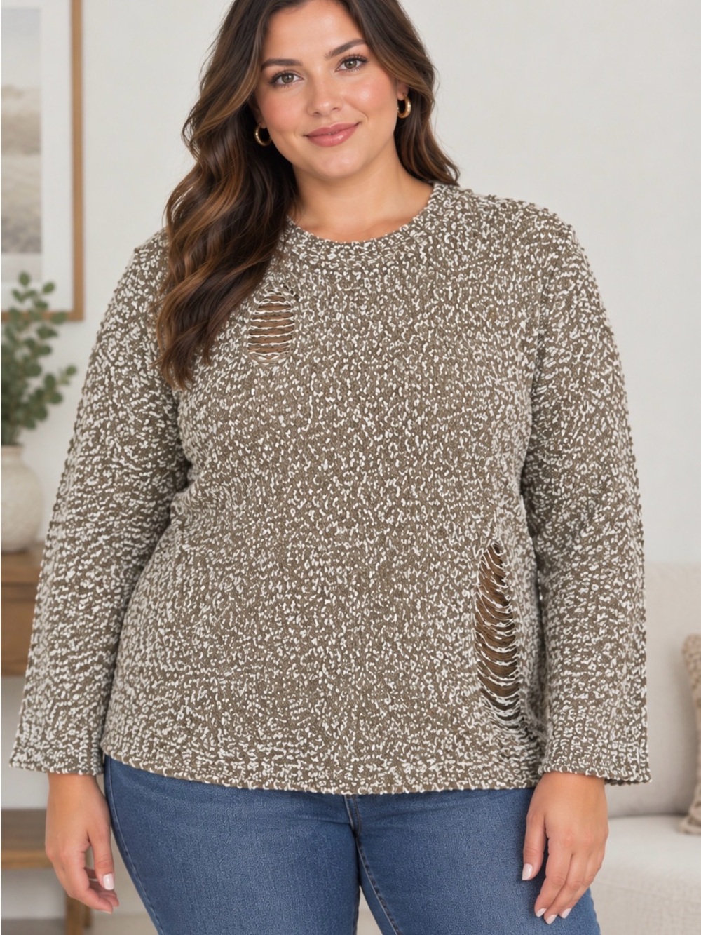 Umgee Oversized Chenille Feel Taupe/Wht Open-Knit Distressed Crewneck Sweater L
